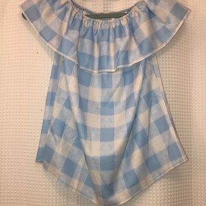 Light blue and white gingham off the shoulder top